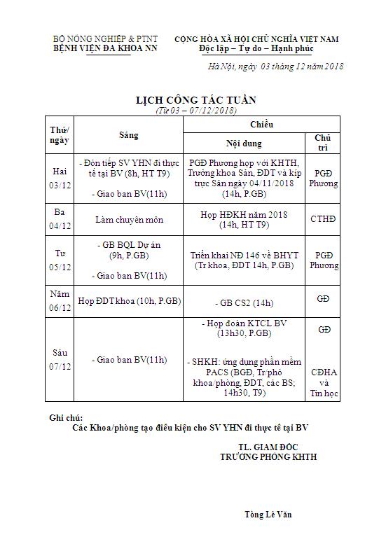 Lịch công tác tuần (từ ngày 03/12 đến ngày 07/12/2018)