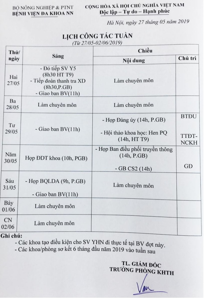 Lịch công tác tuần (từ ngày 27/5/2019 đến 02/6/2019)