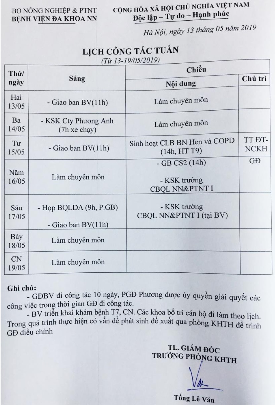 Lịch công tác tuần (từ 13 đến 19/5/2019)