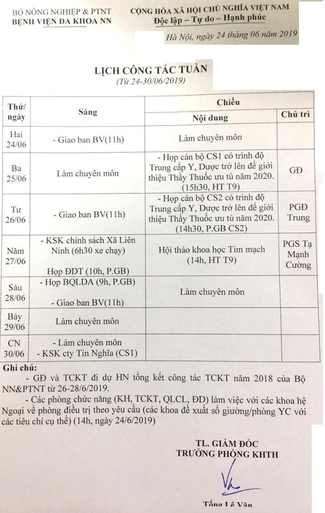 Lịch công tác Tuần (từ ngày 24 đến 30/6/2019)