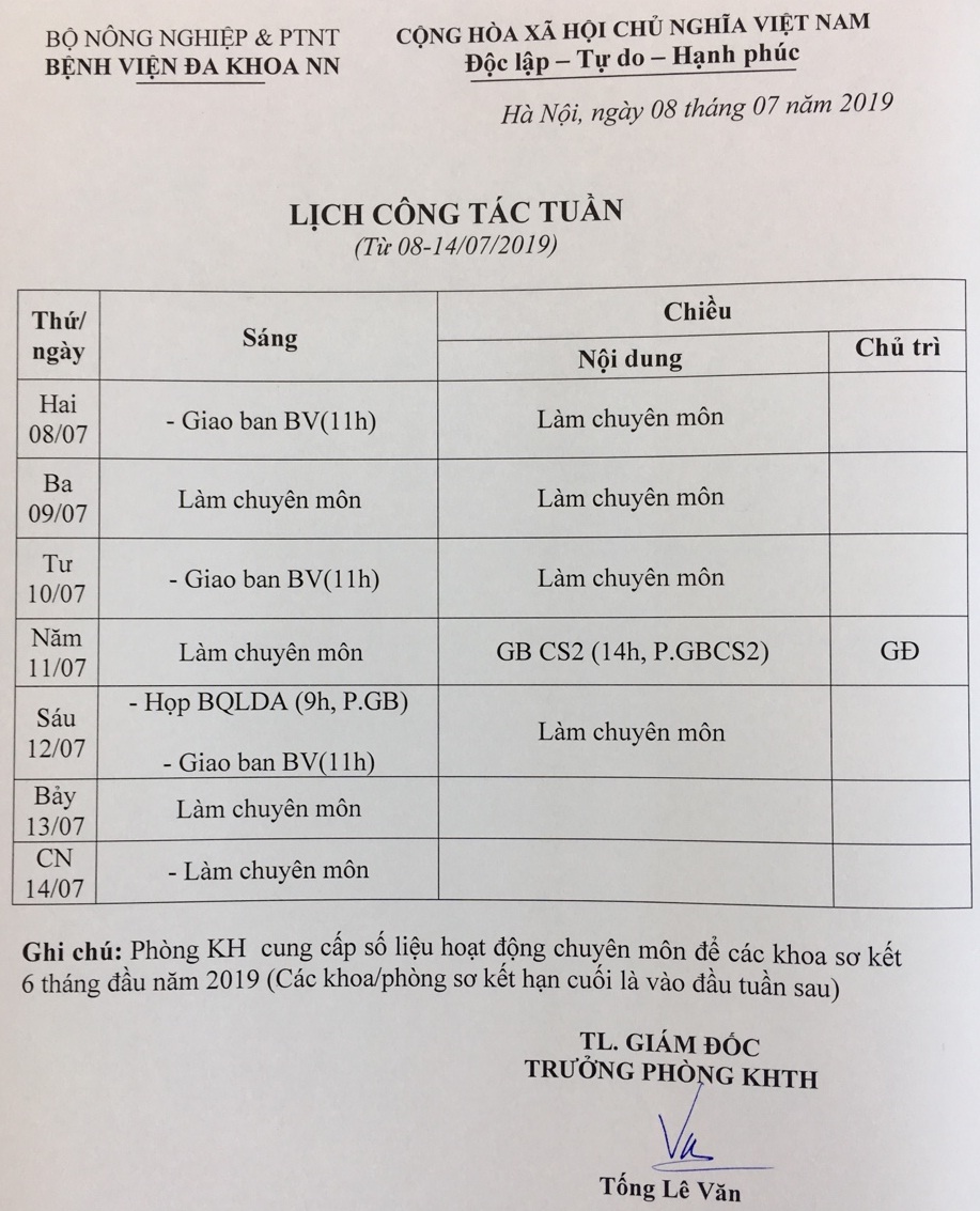 Lịch công tác Tuần (từ ngày 08 đến 14/7/2019)