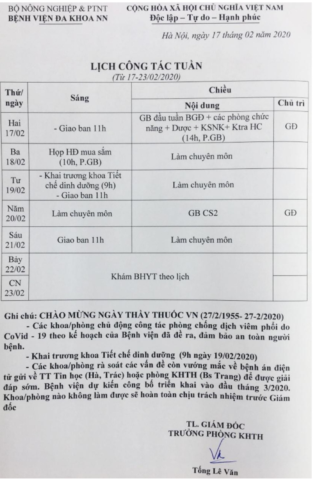 Lịch công tác Tuần (từ ngày 17 đến 23/2/2020)