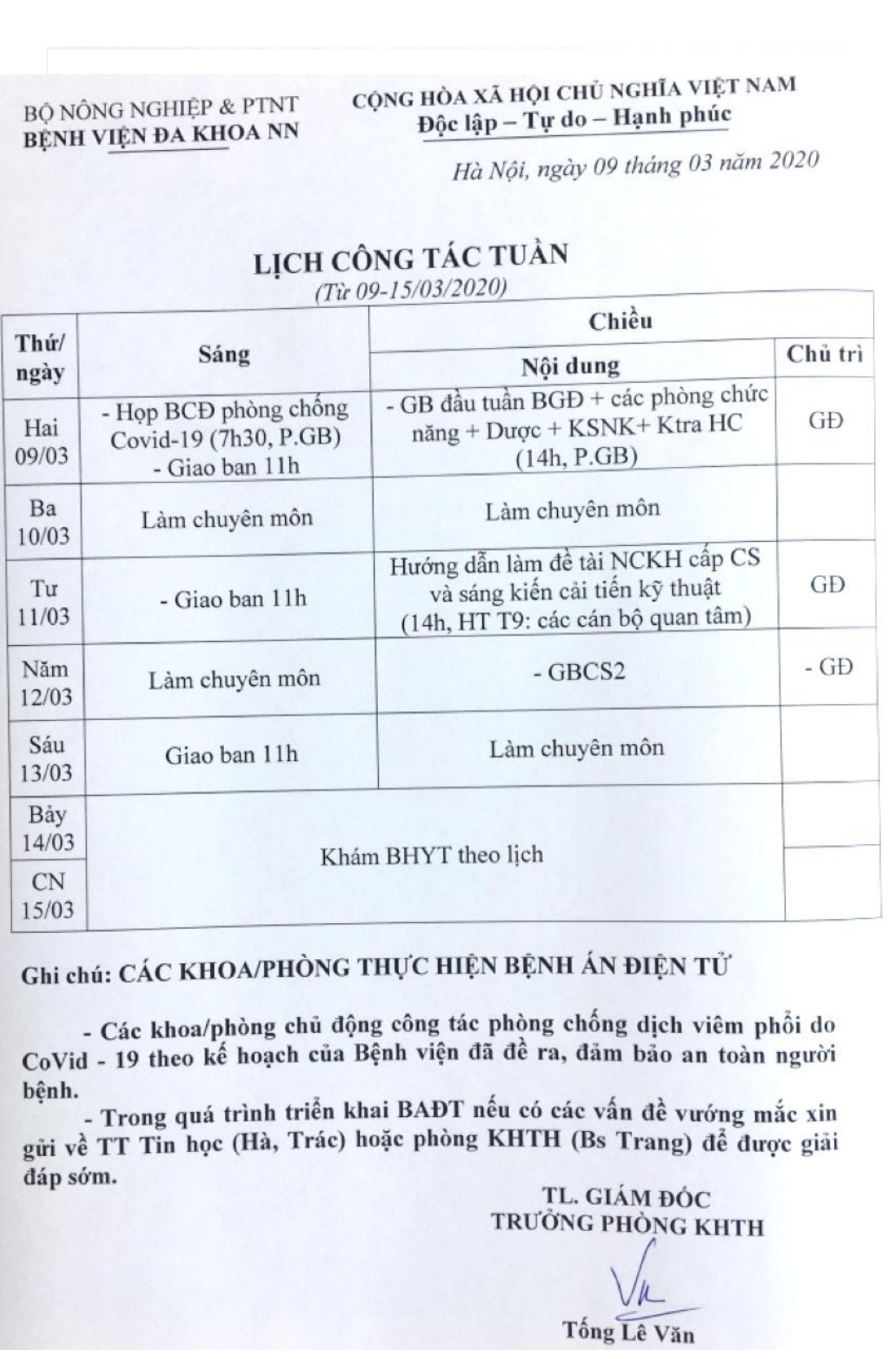 Lịch công tác Tuần (từ ngày 09 đến 15/3/2020)