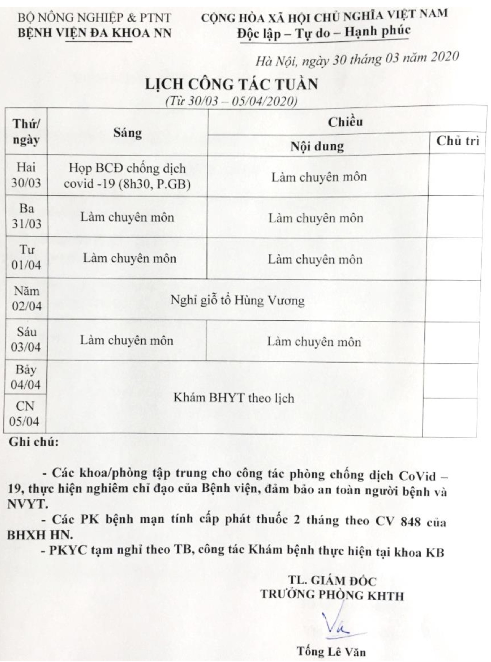 Lịch công tác Tuần (từ ngày 30/3/2020 đến 05/4/2020)