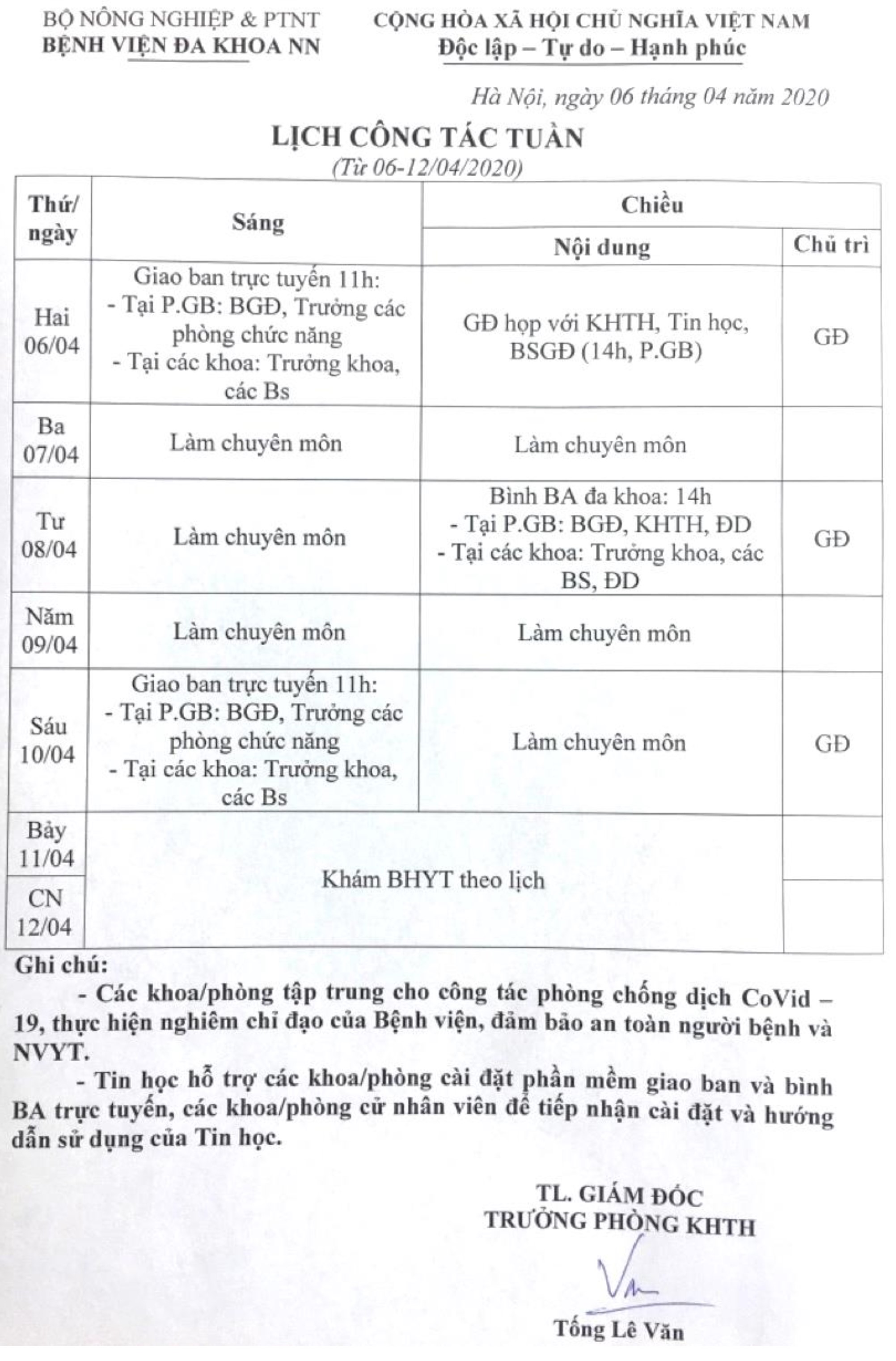 Lịch công tác Tuần (từ ngày 06 đến ngày 12/4/2020)