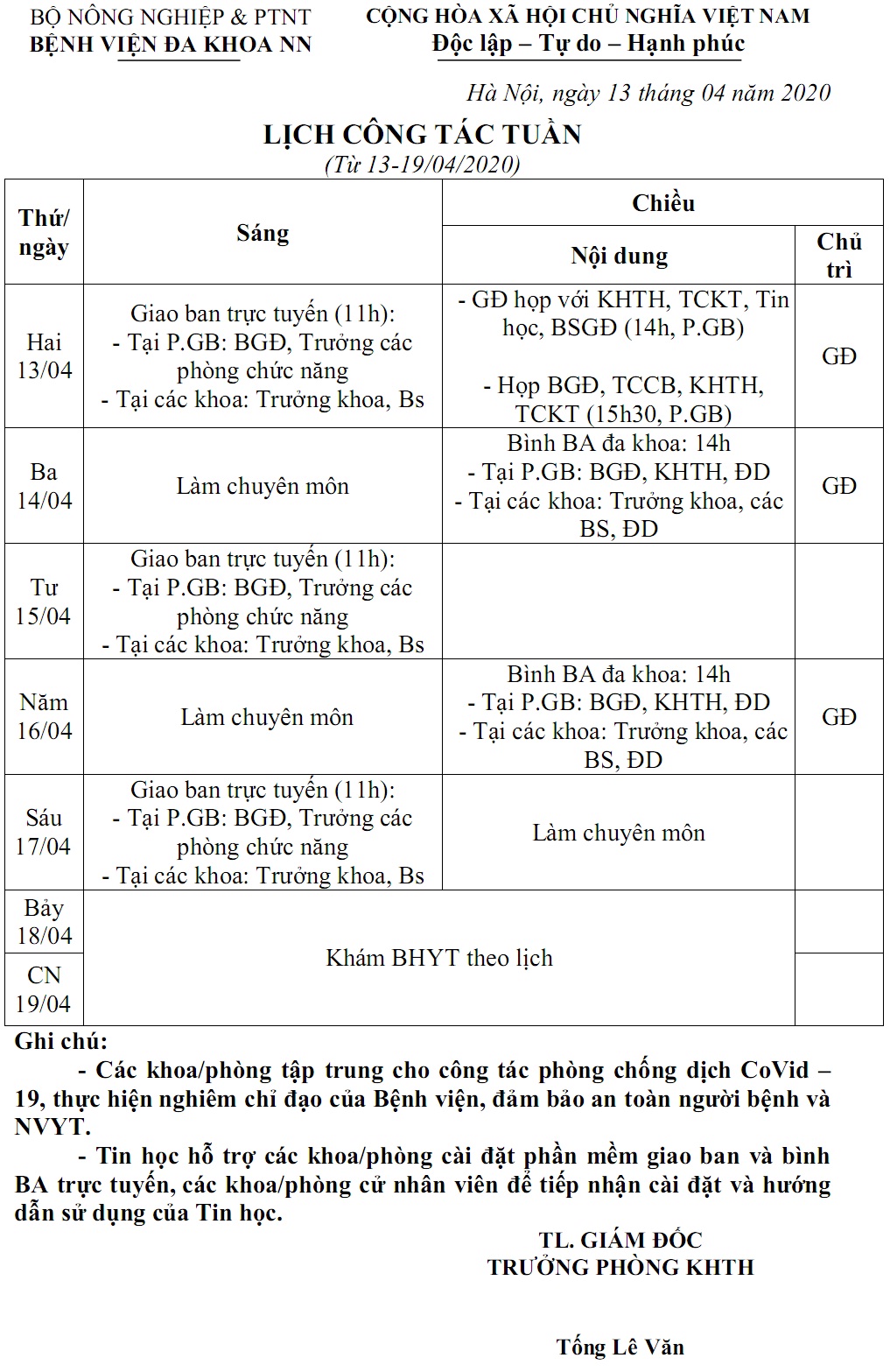 Lịch công tác Tuần (từ ngày 13 đến 19/4/2020)