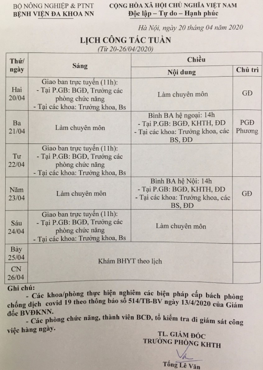 Lịch Công Tác Tuần Từ Ngày 20 đến 2642020 Bệnh Viện Đa Khoa Nông Nghiệp