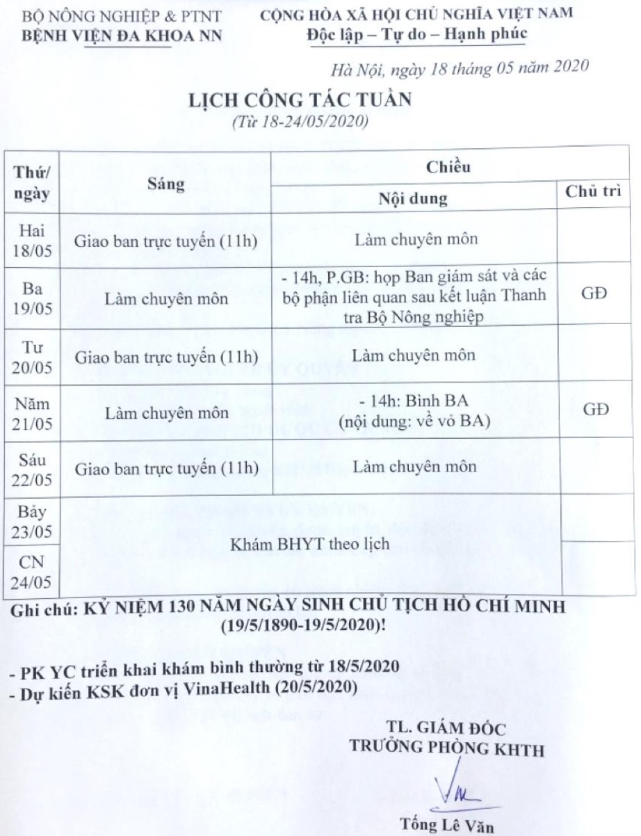 Lịch công tác Tuần (từ ngày 18 đến 24/5/2020)