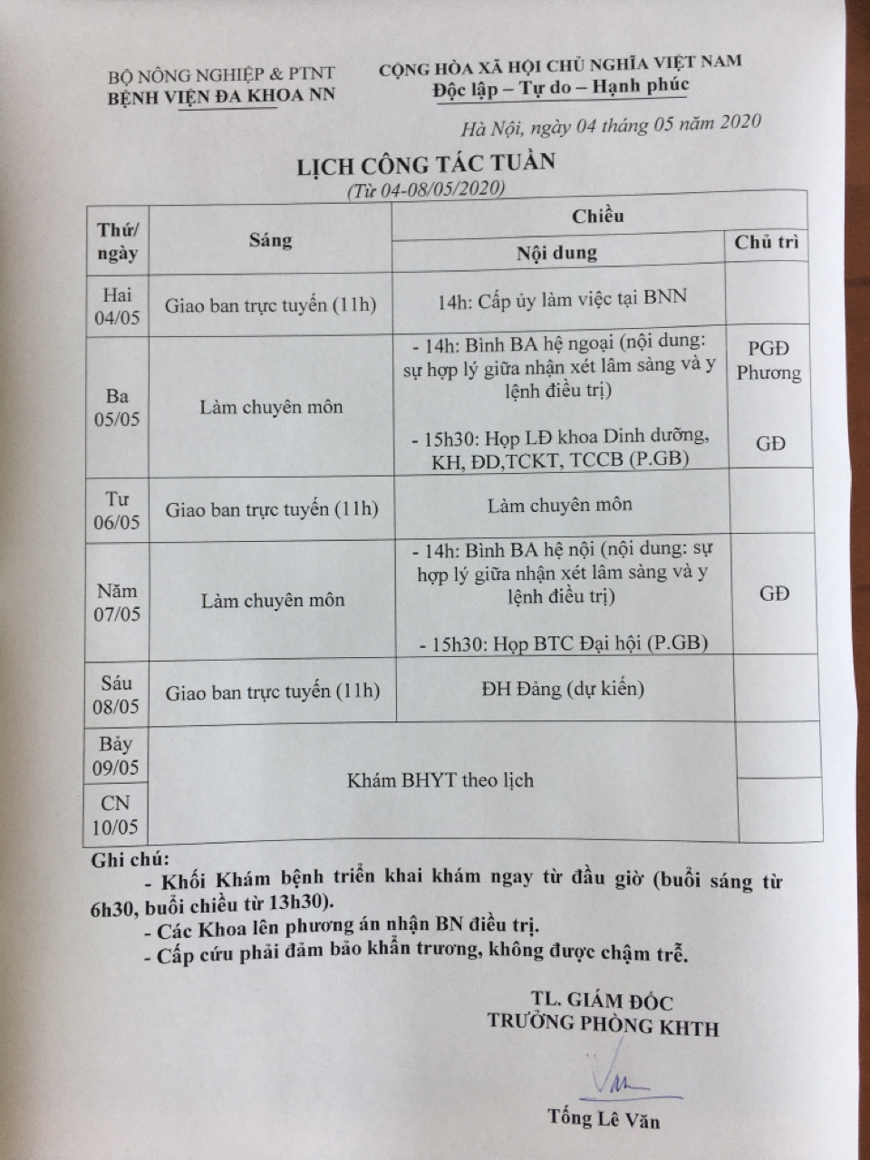 Lịch công tác Tuần (Từ ngày 04/05 đến ngày 08/05/2020)