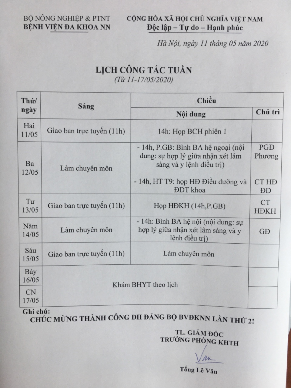 Lịch công tác tuần (từ ngày 11/05 đến ngày 15/05/2020)