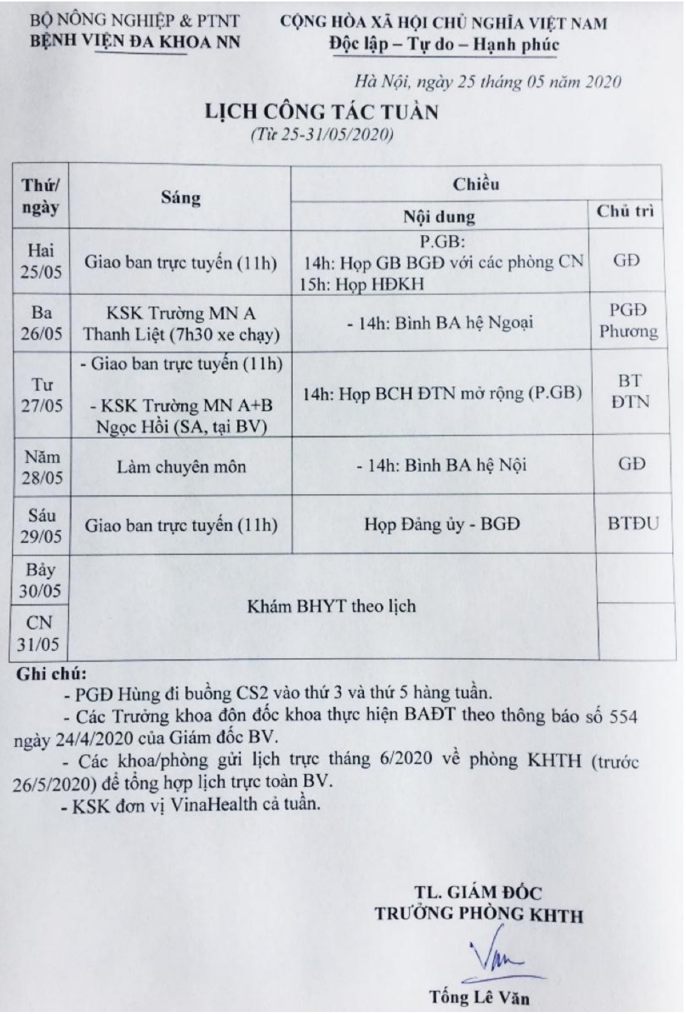 Lịch công tác Tuần (từ ngày 25 đến 31/5/2020)