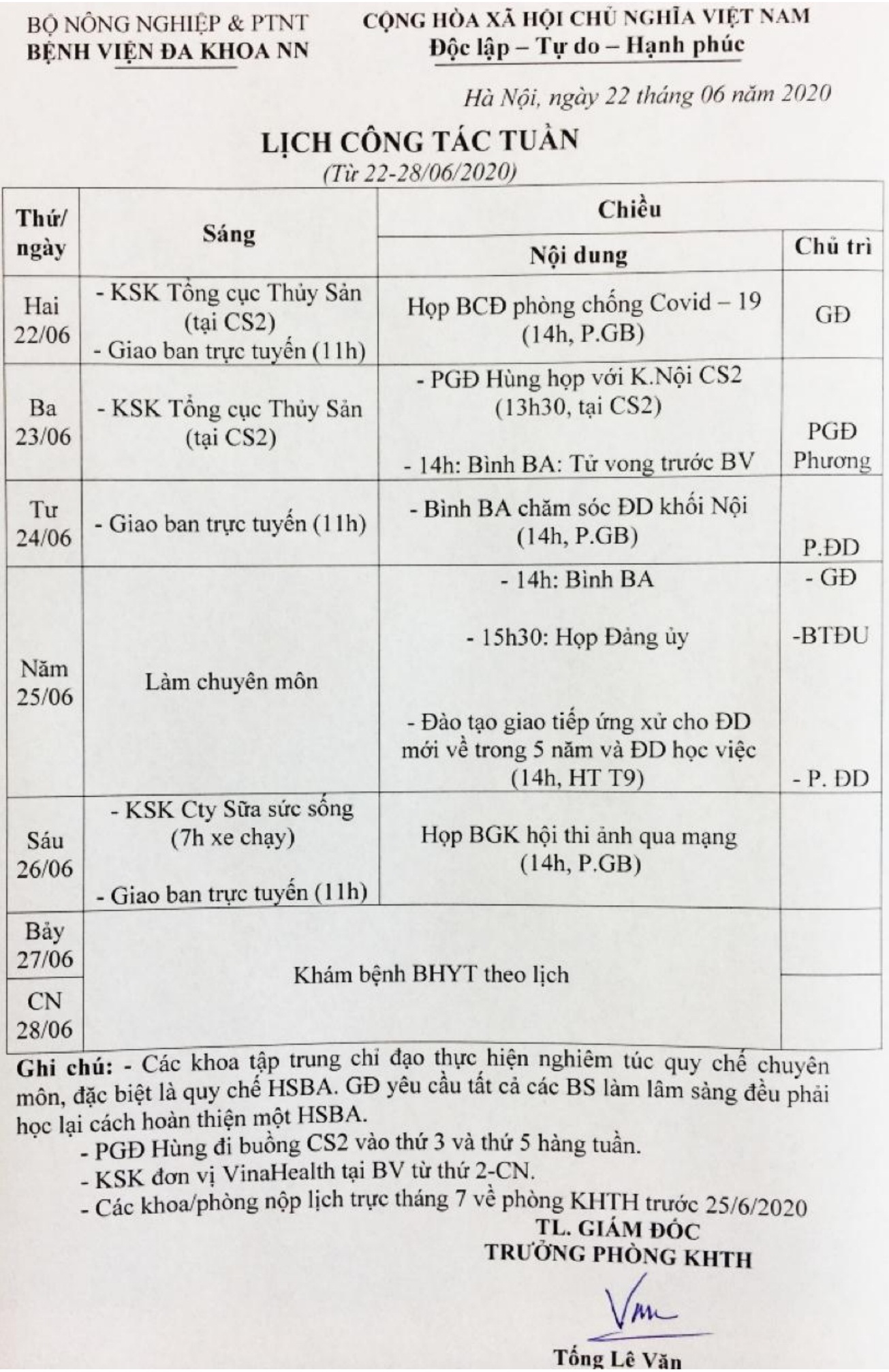 Lịch công tác Tuần (22-28/6/2020)