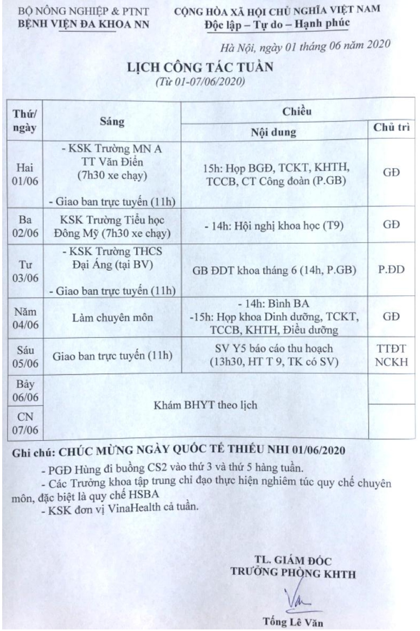 Lịch công tác Tuần (từ ngày 01 đến 07/6/2020)