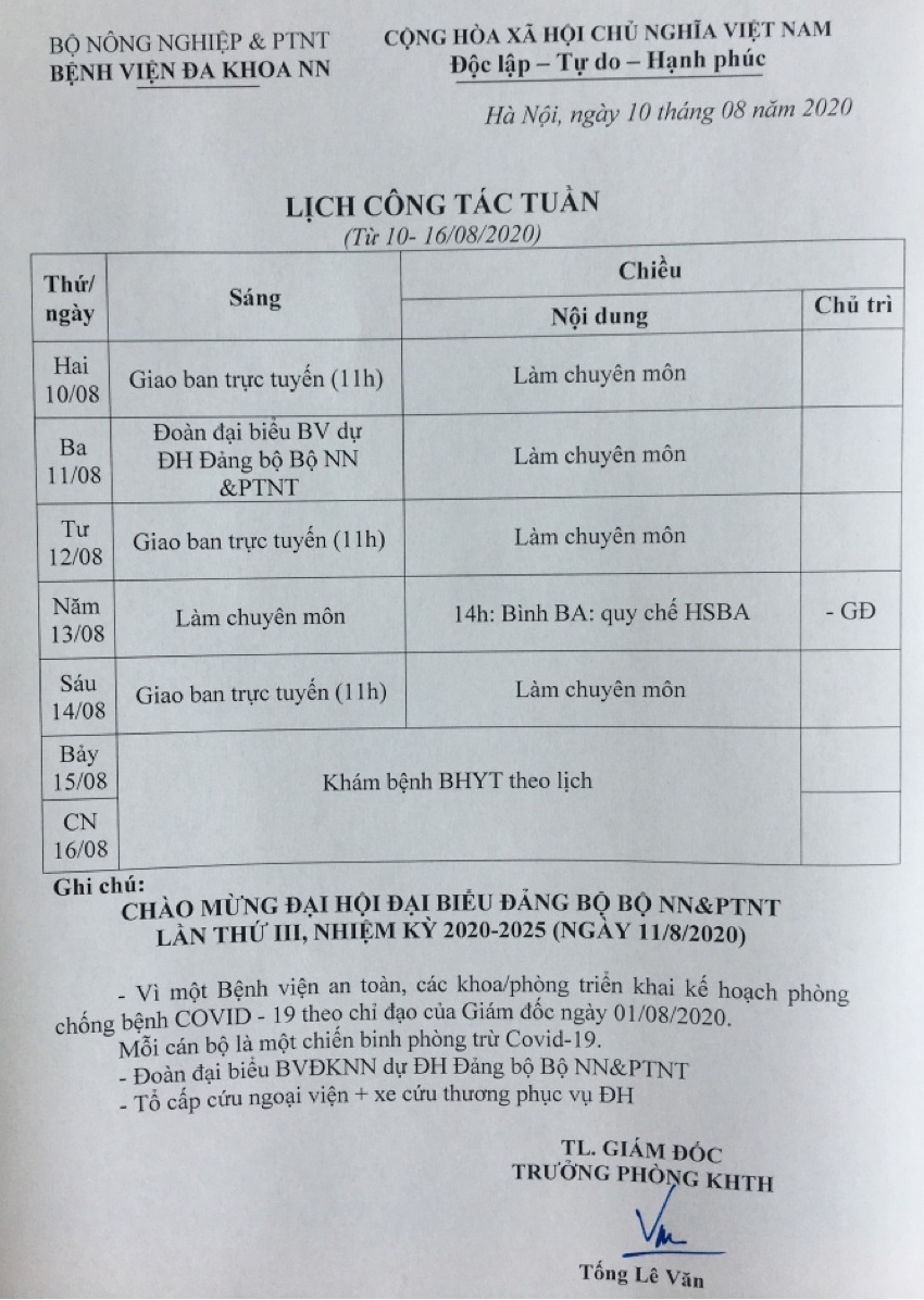 Lịch công tác Tuần (từ ngày 10 đến 16/8/2020)