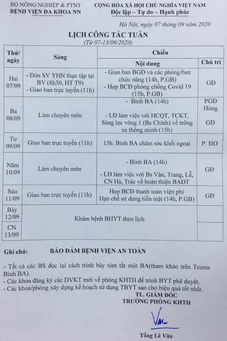 Lịch công tác Tuần (từ ngày 07 đến 13/9/2020)