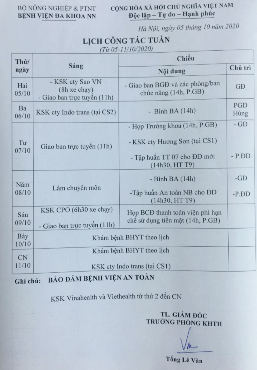 Lịch công tác Tuần (từ ngày 05 đến 11/10/2020)