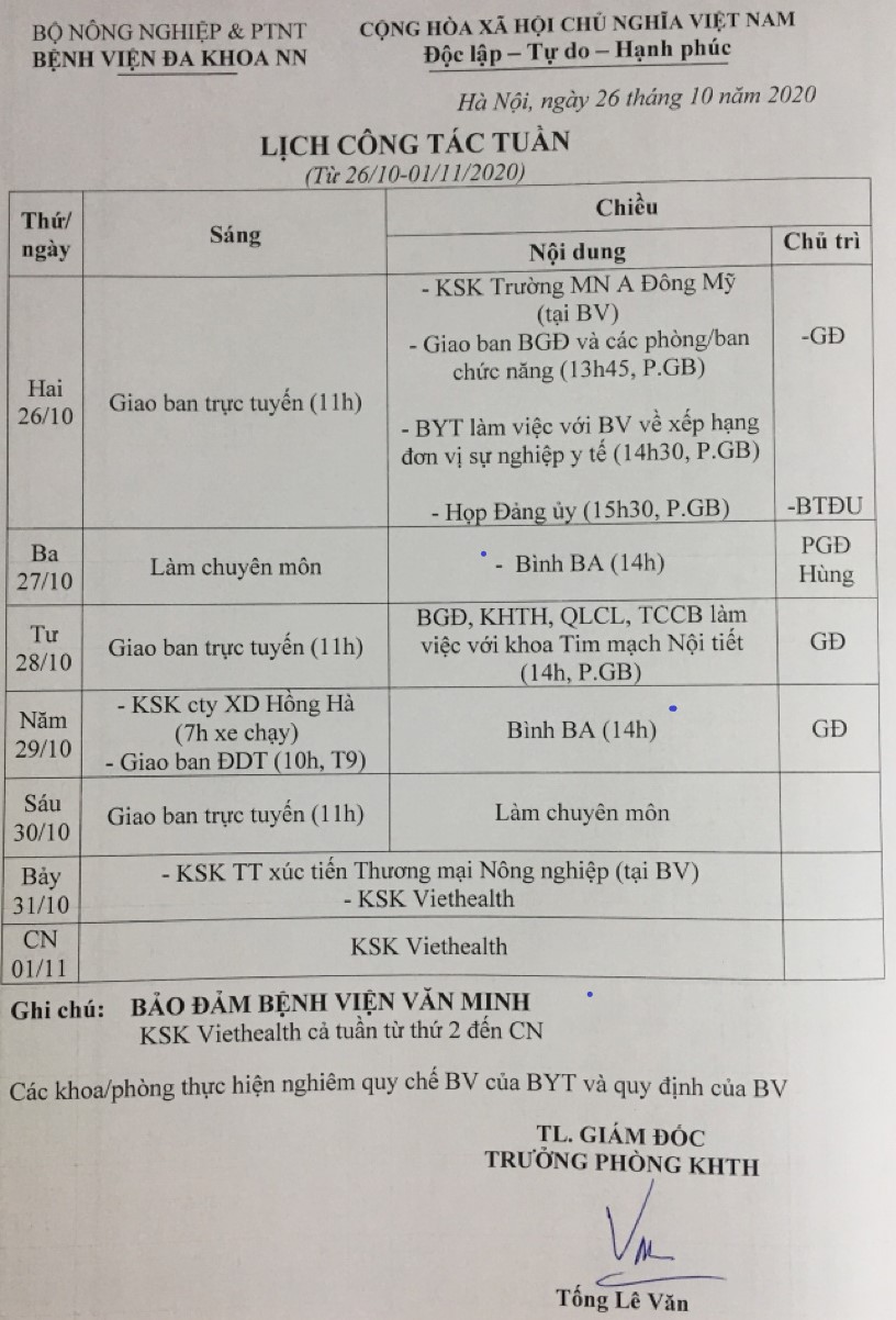 Lịch công tác Tuần (từ ngày 26/10/2020 đến 01/11/2020)