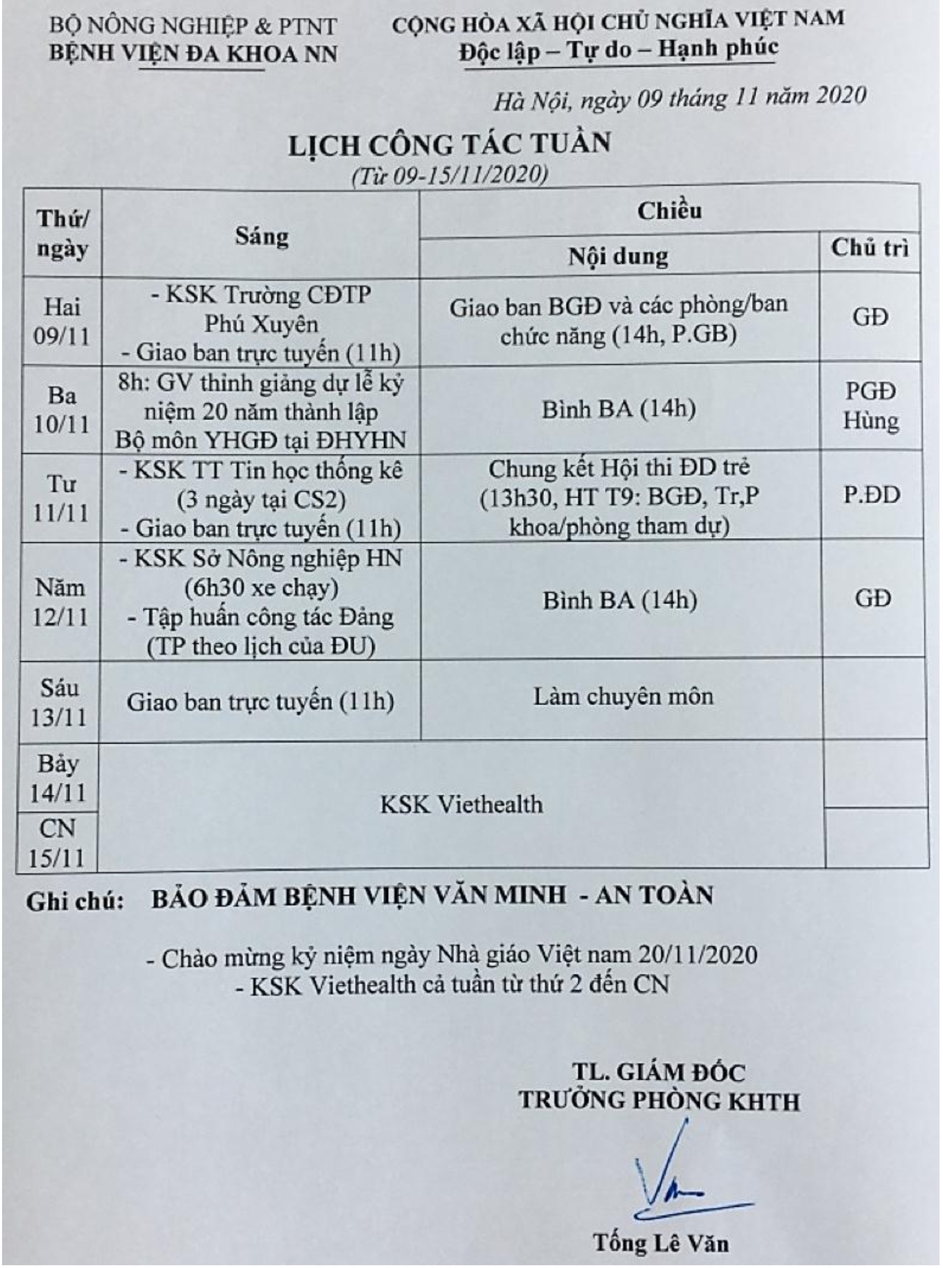 Lịch công tác Tuần (từ ngày 09 đến 15/11/2020)