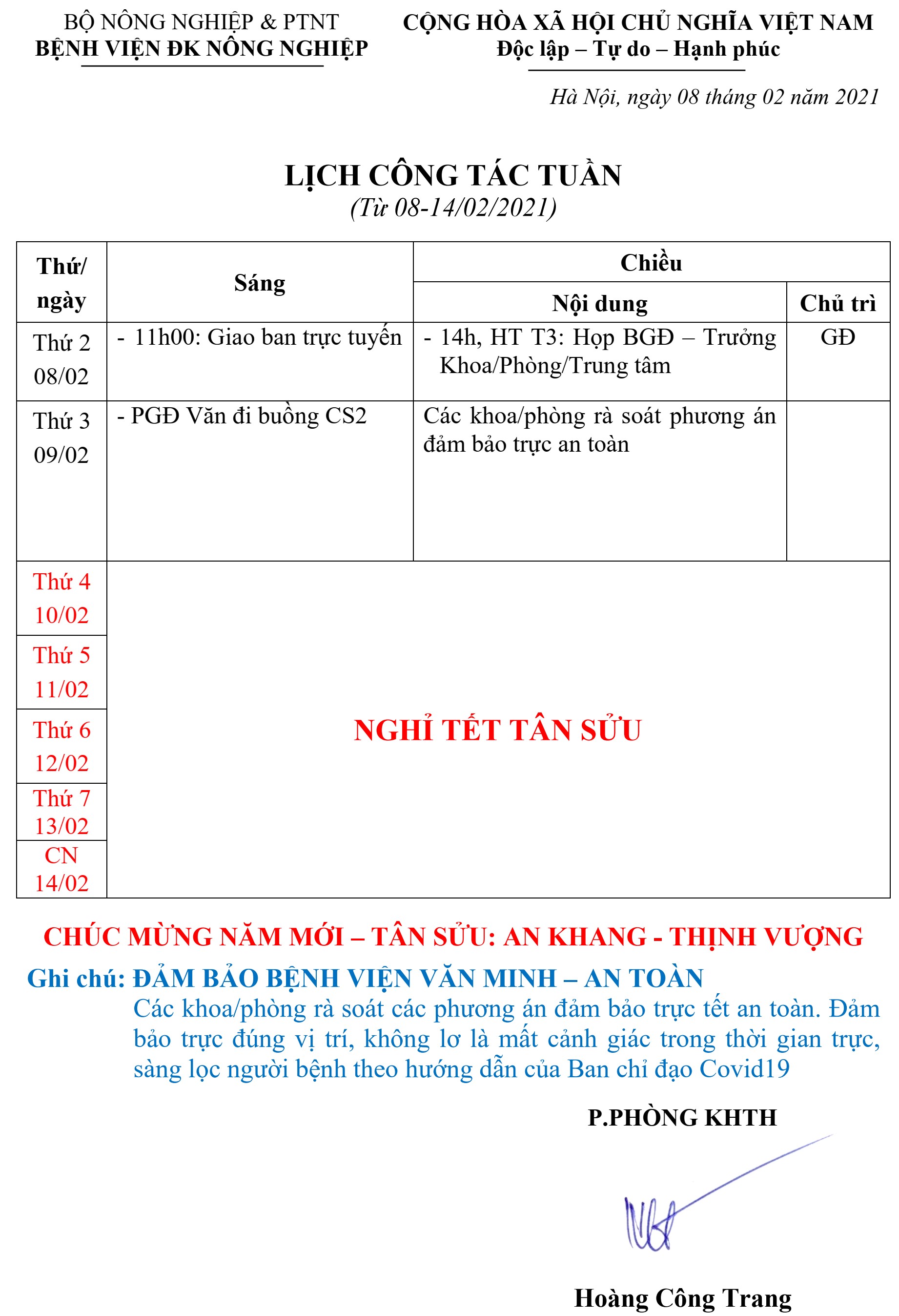 Lịch công tác Tuần (từ ngày 07 đến 13/2/2021)