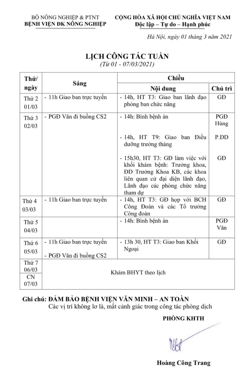 Lịch công tác Tuần (từ ngày 01 đến 07/3/2021)