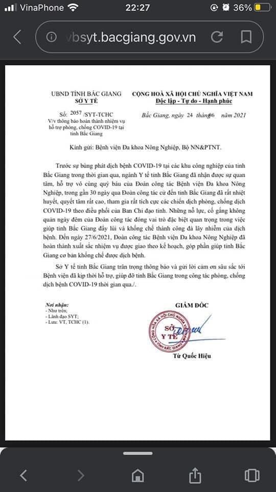 CÁN BỘ Y TẾ CỦA BVĐK NÔNG NGHIỆP ĐƯỢC CHỦ TỊCH UBND GỬI THƯ CẢM ƠN VÀ BẰNG KHEN