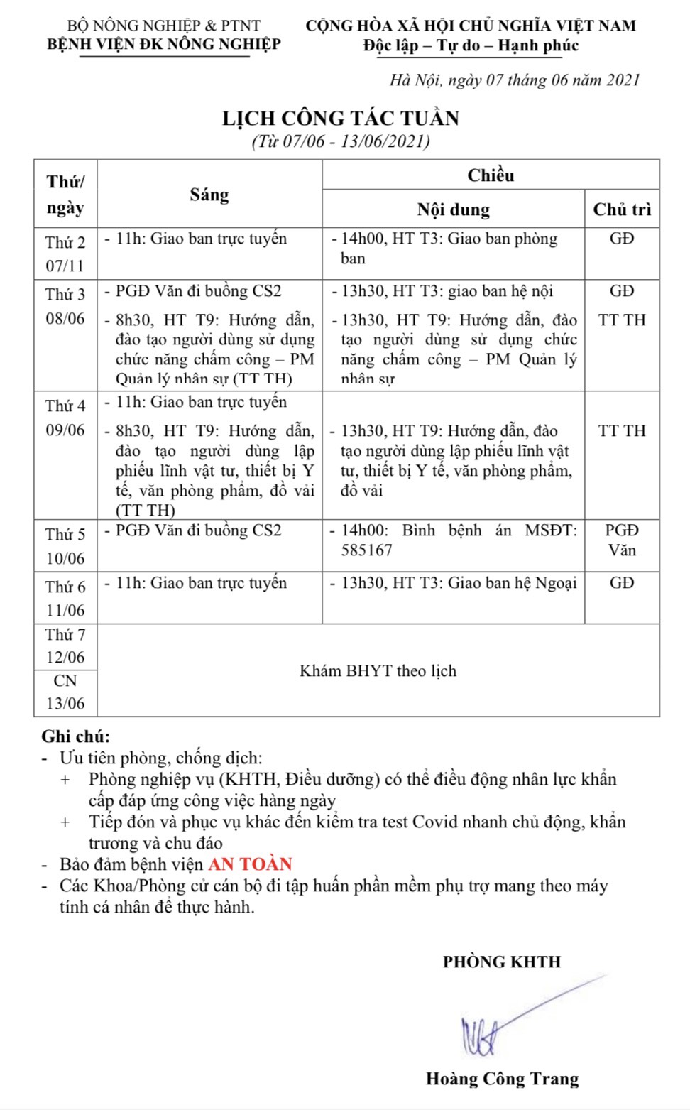 Lịch công tác Tuần (từ ngày 07 đến 13/6/2021)