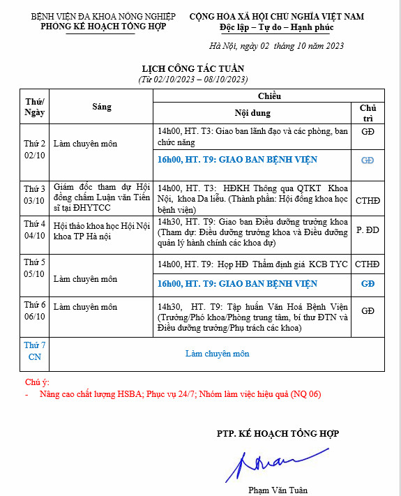 Lịch công tác Tuần (từ ngày 02/10 đến 08/10/2023)