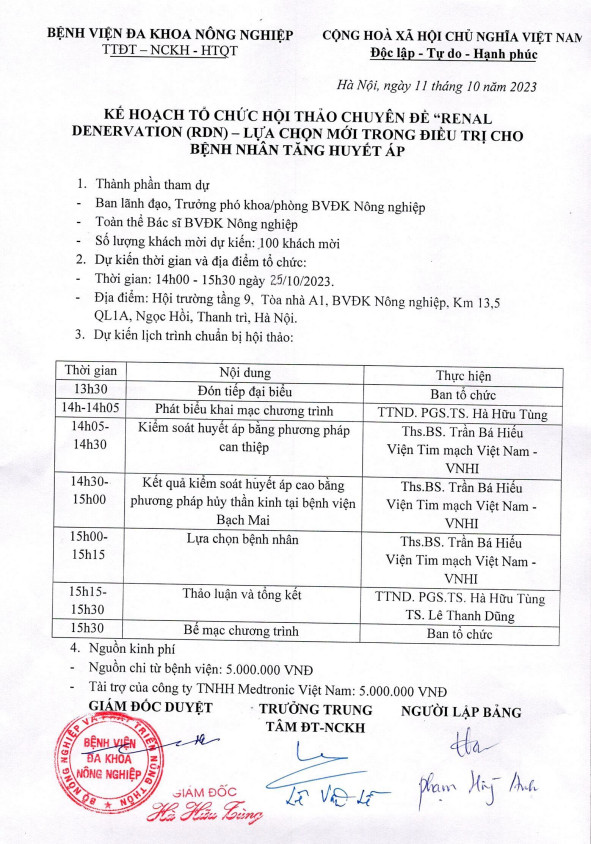 KẾ HOẠCH CHƯƠNG TRÌNH HỘI THẢO KHOA HỌC: “RENAL DENERVATION (RDN) – LỰA CHỌN MỚI TRONG ĐIỀU TRỊ CHO BỆNH NHÂN TĂNG HUYẾT ÁP”