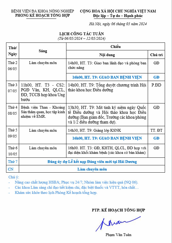 Lịch công tác Tuần (từ ngày 06/5 đến 12/5/2024)