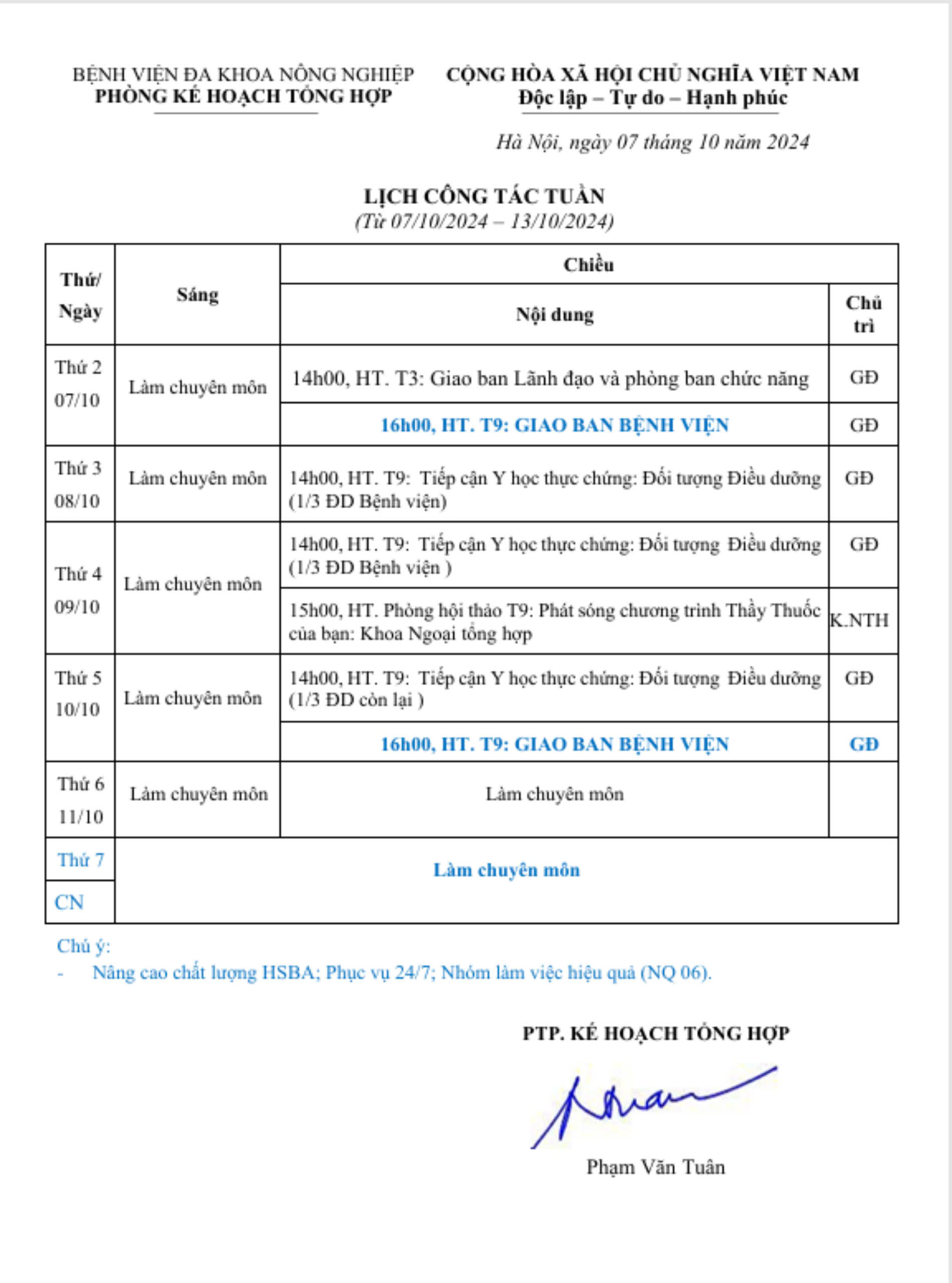 Lịch công tác Tuần (từ ngày 07/10 đến 13/10/2024)