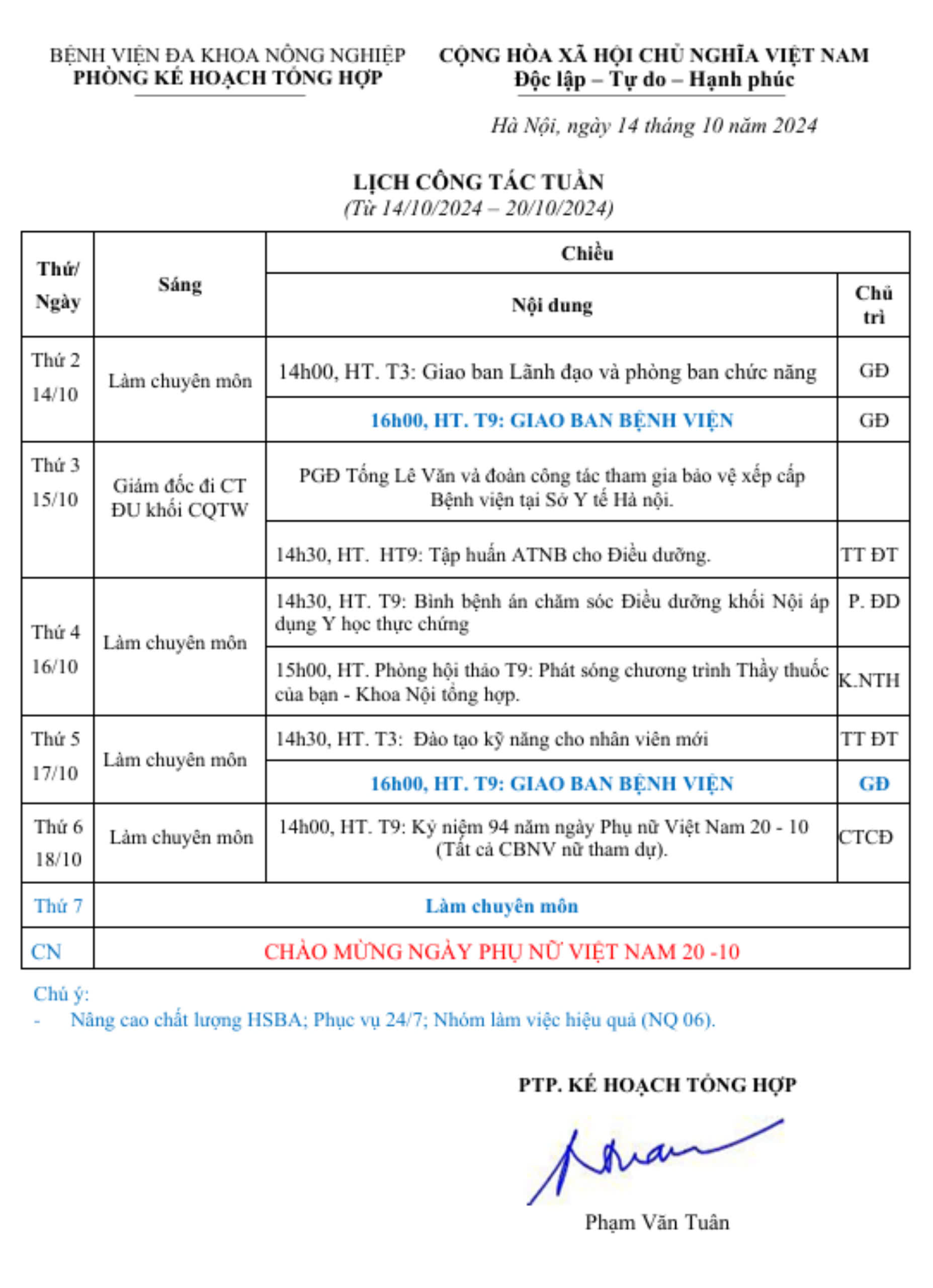 Lịch công tác Tuần (từ ngày 14/10 đến 20/10/2024)