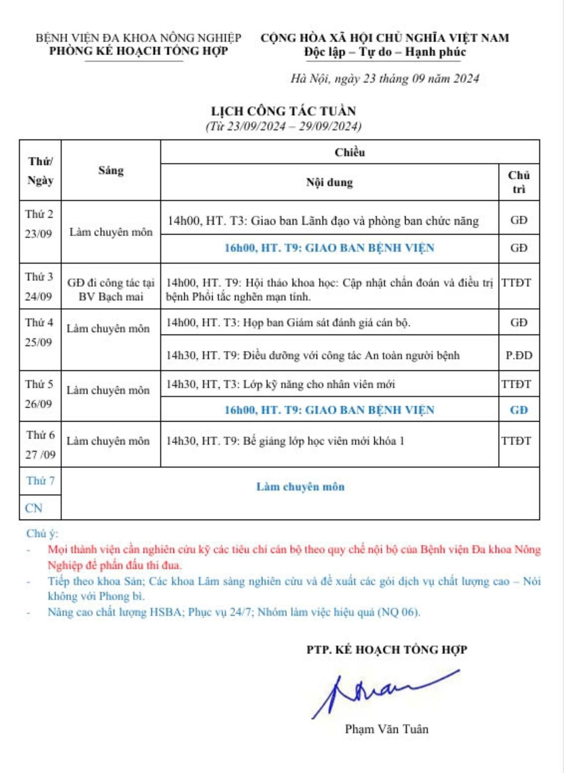 Lịch công tác Tuần (từ ngày 23/09 đến 29/09/2024)