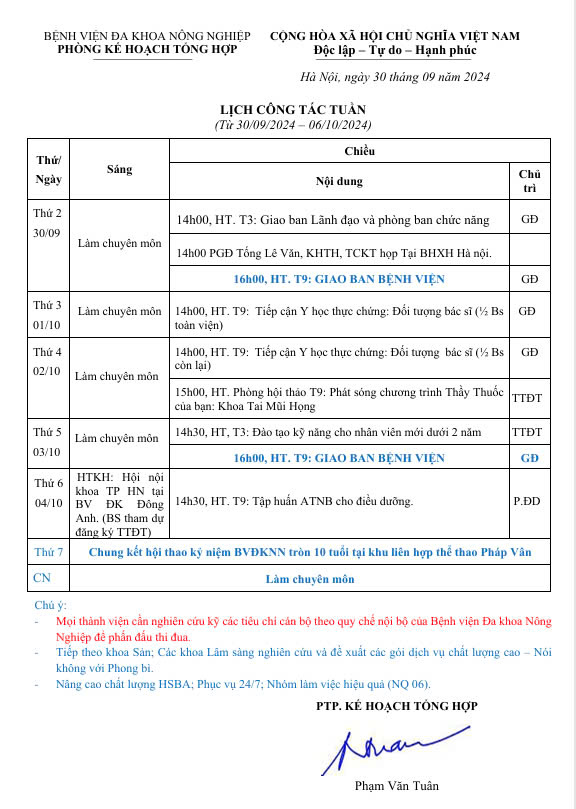 Lịch công tác Tuần (từ ngày 30/09 đến 06/10/2024)