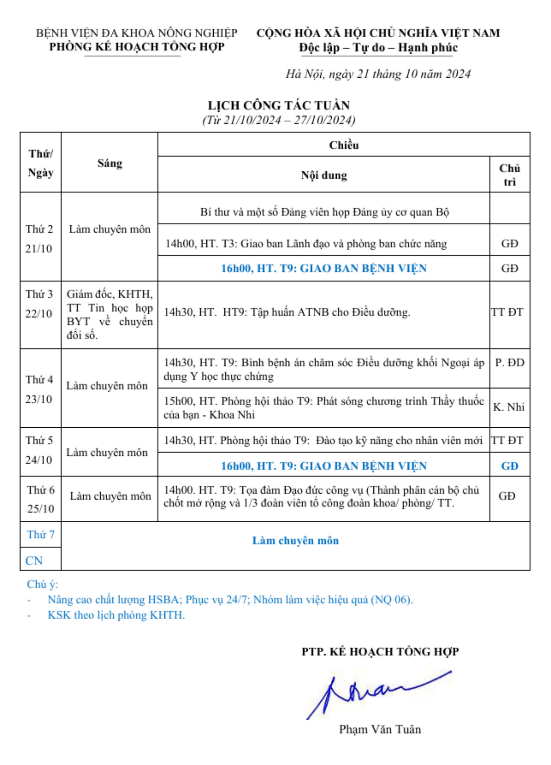 Lịch công tác Tuần (từ ngày 21/10 đến 27/10/2024)