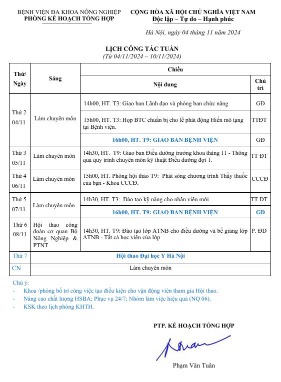 Lịch công tác Tuần (từ ngày 04/11 đến 10/11/2024)