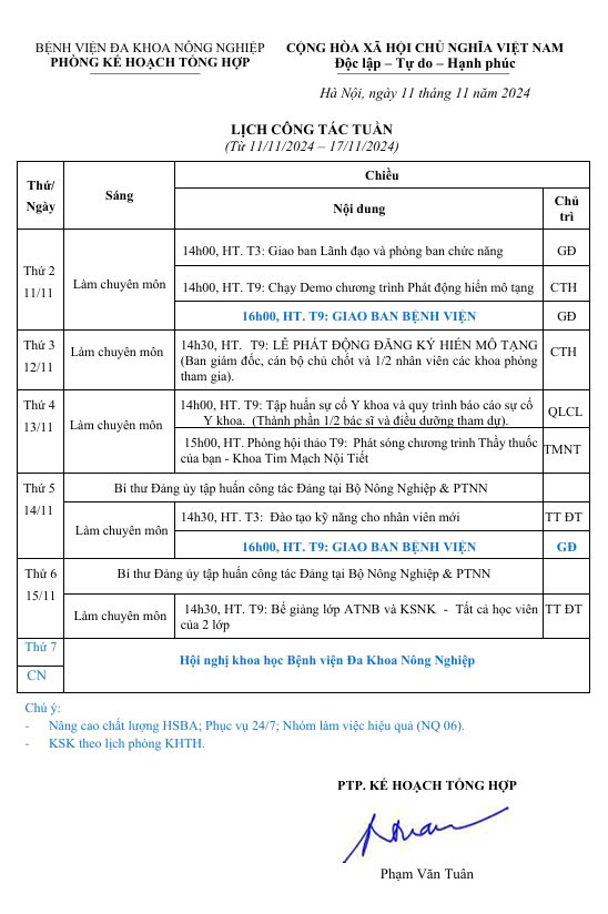 Lịch công tác Tuần (từ ngày 11/11 đến 17/11/2024)