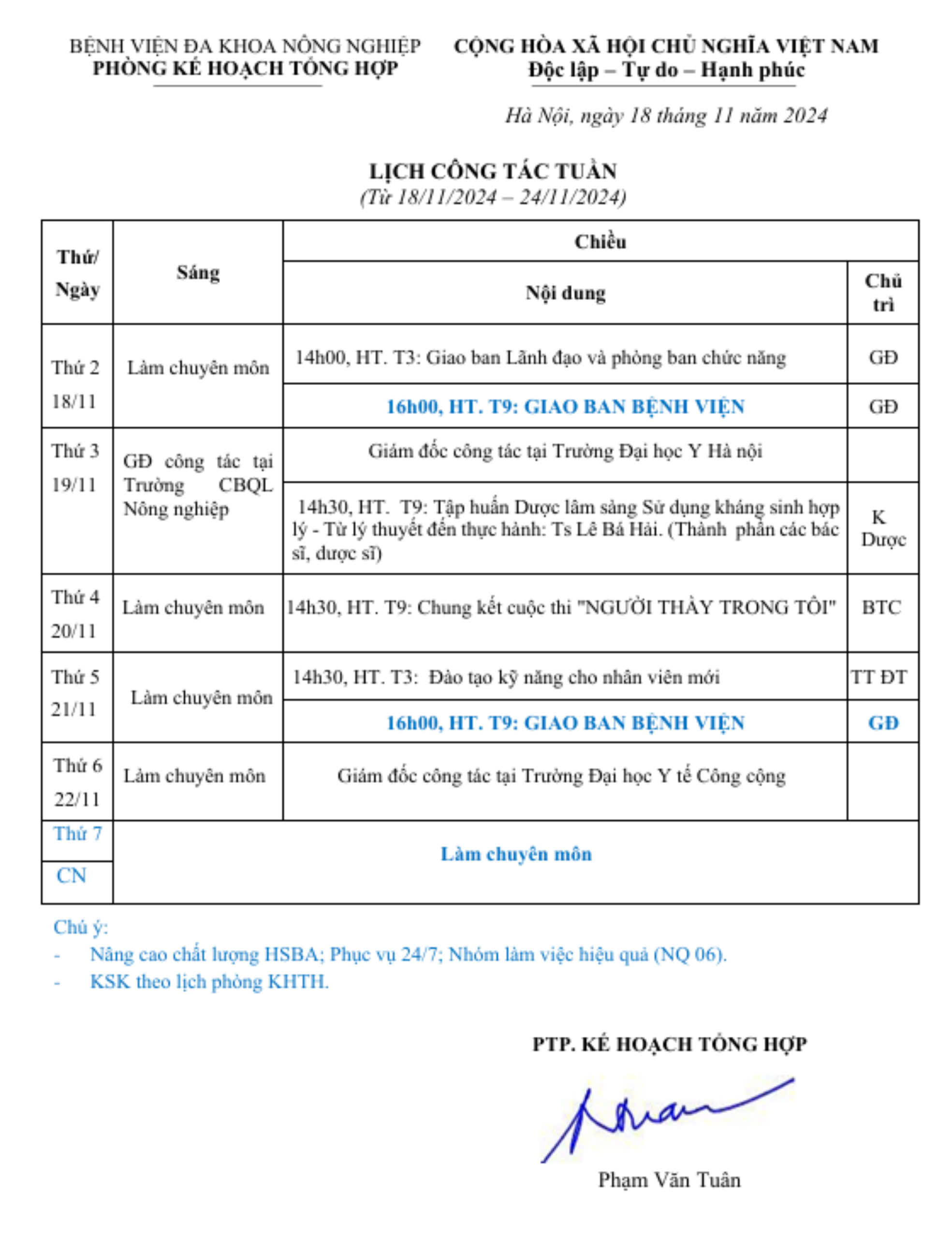 Lịch công tác Tuần (từ ngày 18/11 đến 24/11/2024)