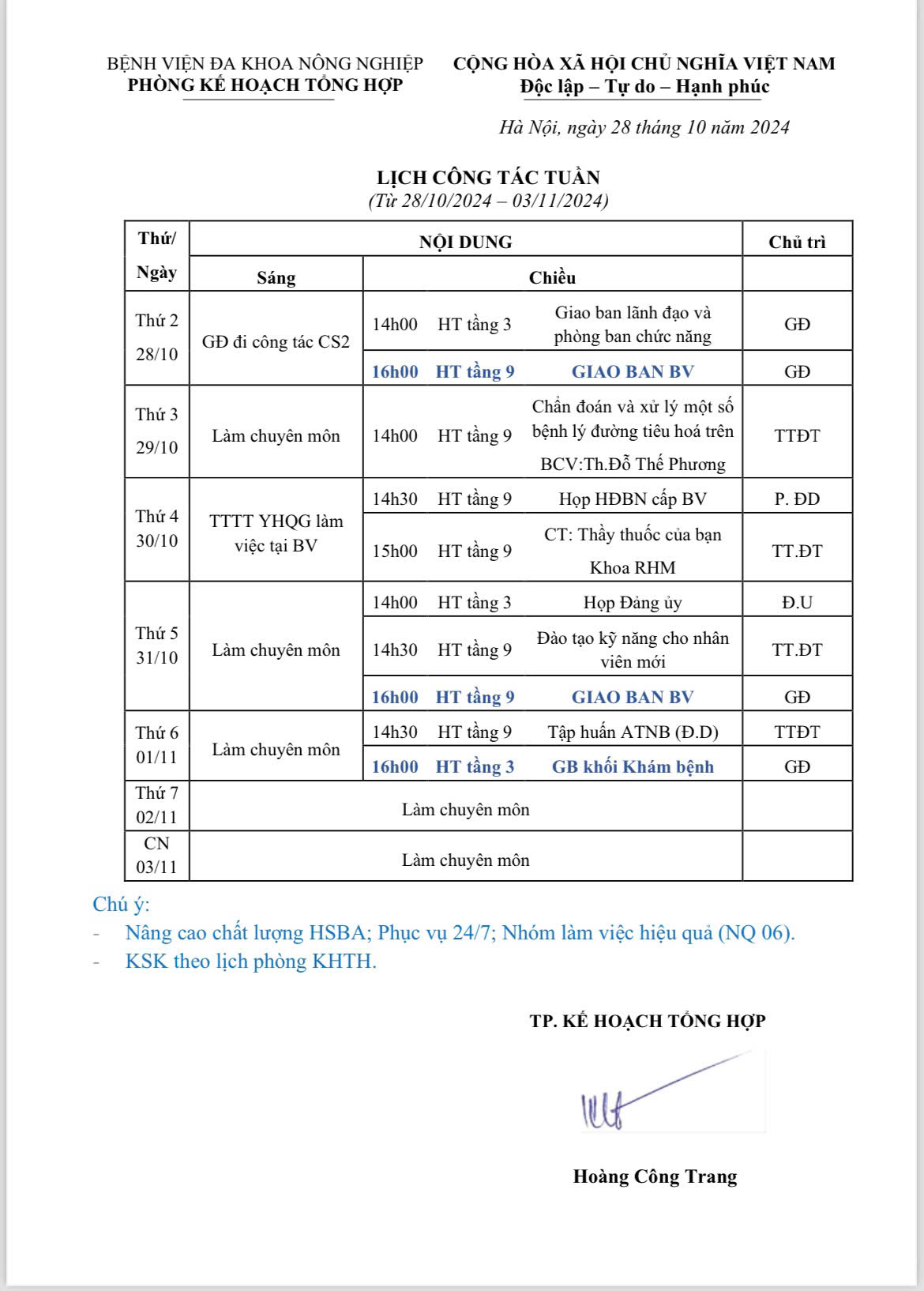 Lịch công tác Tuần (từ ngày 28/10 – 03/11/2024)