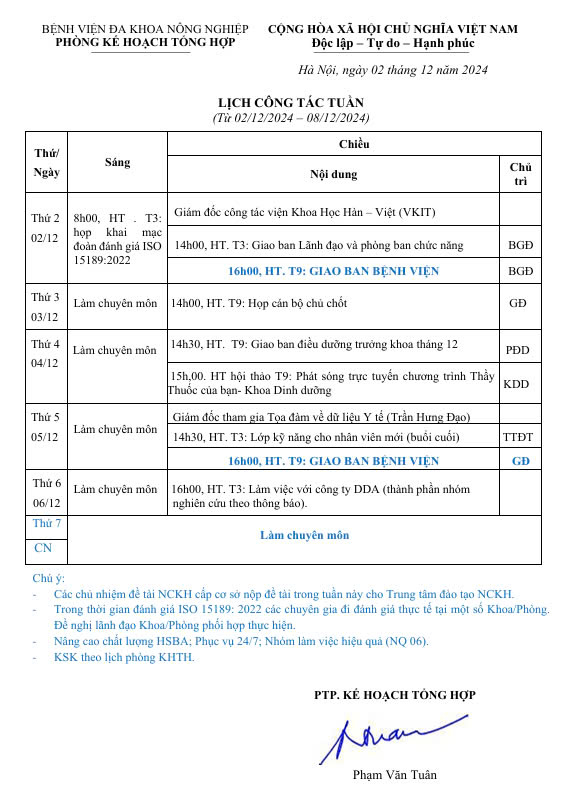 Lịch công tác Tuần (từ ngày 02/12 đến 08/12/2024)