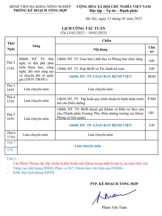 Lịch công tác Tuần (từ ngày 13/01/2025 đến 19/01/2025)