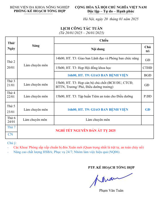 Lịch công tác Tuần (từ ngày 20/1 đến 26/1/2025)