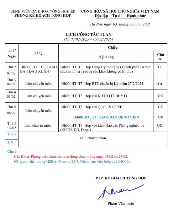 Lịch công tác Tuần (từ ngày 03/2 đến 09/02/2025)