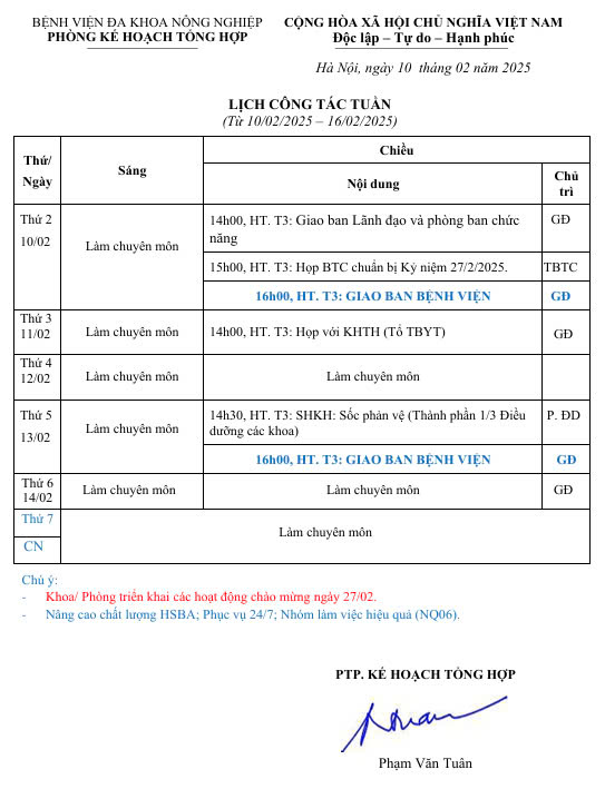 Lịch công tác Tuần (từ ngày 10/2 đến 16/02/2025)