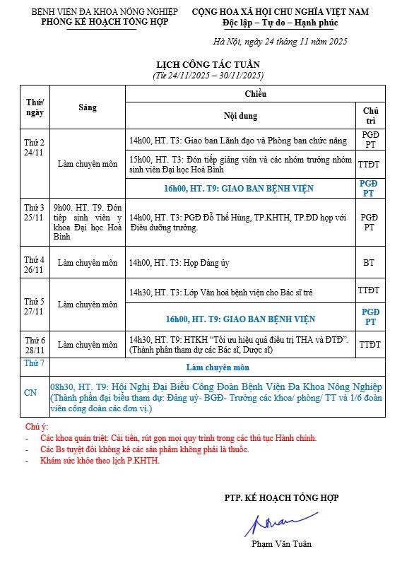 Lịch công tác Tuần (từ ngày 24/11 đến 30/11/2025)