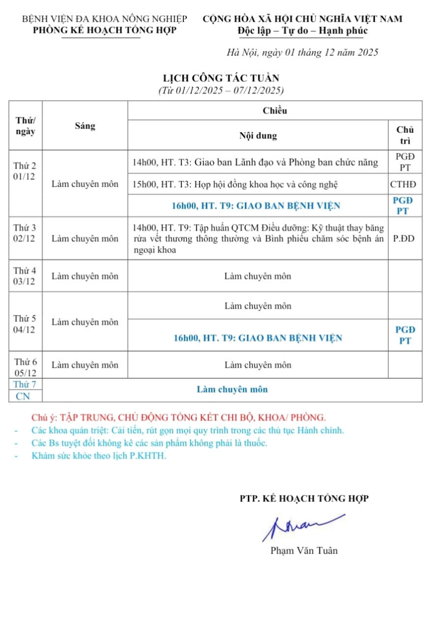 Lịch công tác Tuần (từ ngày 01/12 đến 07/12/2025)